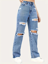 Blue Ripped Slash Pockets Baggy Straight Jeans