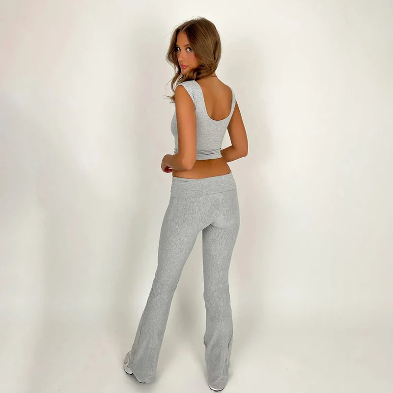 Backless Square Collar Tank Top with Flare Pants Matching Set