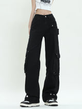 Black Straight High Waist Cargo Pants