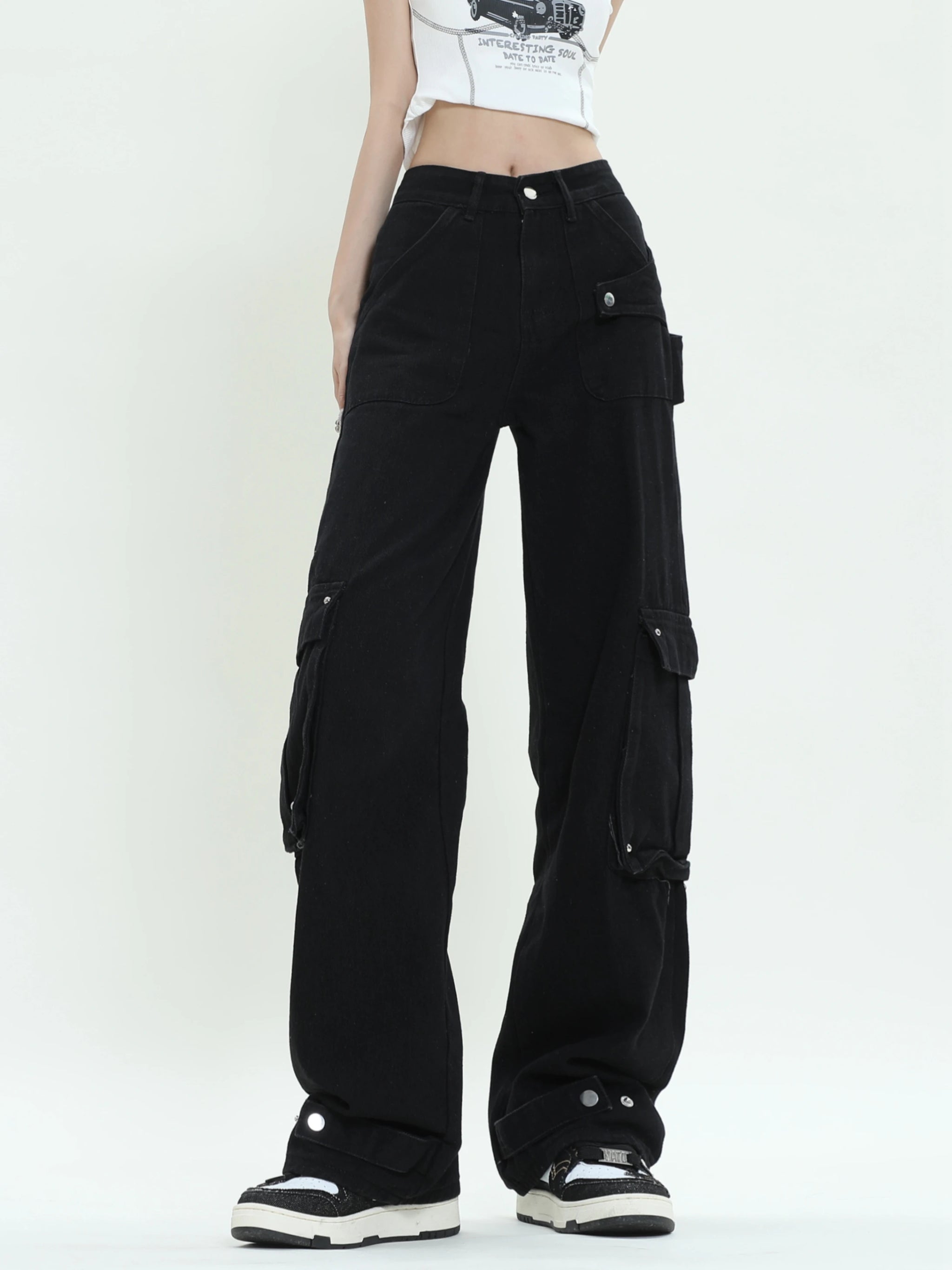 Black Straight High Waist Cargo Pants