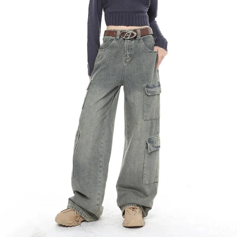 Grey High Waist Baggy Wide Leg Denim Trouser