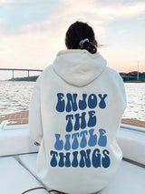 ’Enjoy The Little Things’ Printed Oversized Hoodie - OffWhite & Blue / L