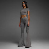 Short Sleeve Crop Top with Elastic Skinny Flare Pants Matching Set