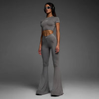 Short Sleeve Crop Top with Elastic Skinny Flare Pants Matching Set