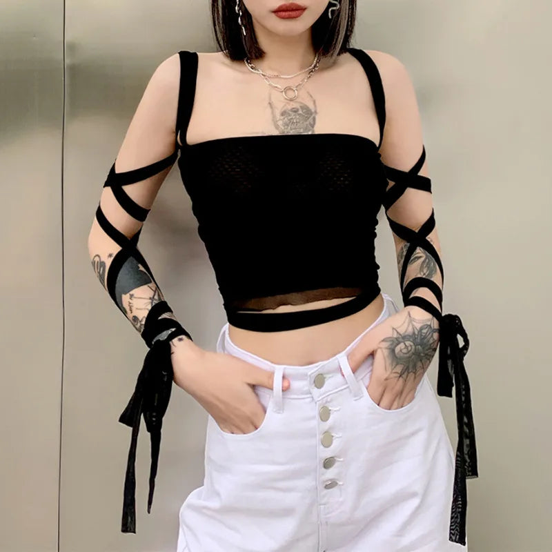 Black Mesh Lace Up Bandage Crop Top - S