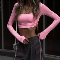 Pink Square Collar Long Sleeve Cut Out Crop Top