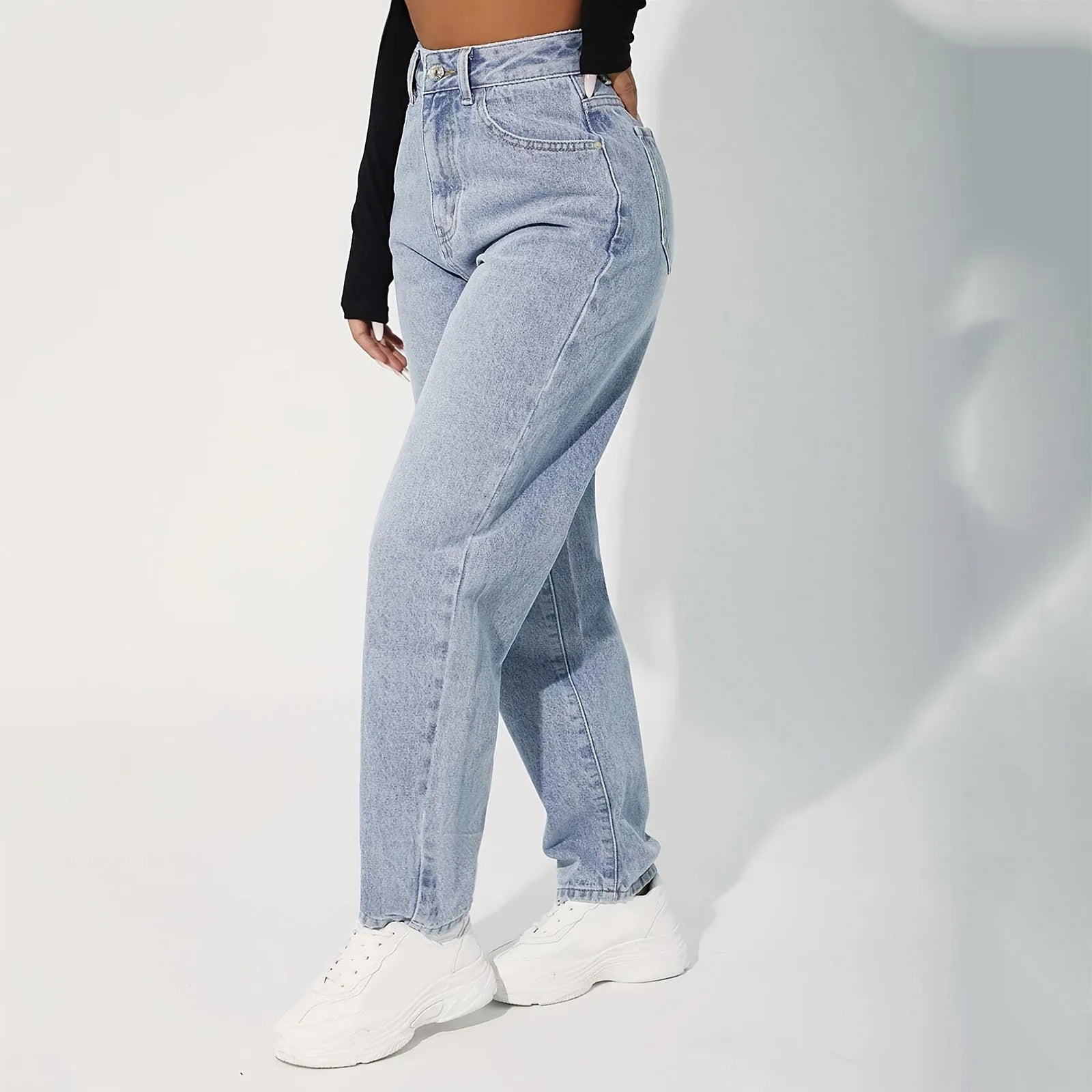 Light Blue Straight Wide Leg Denim Trousers