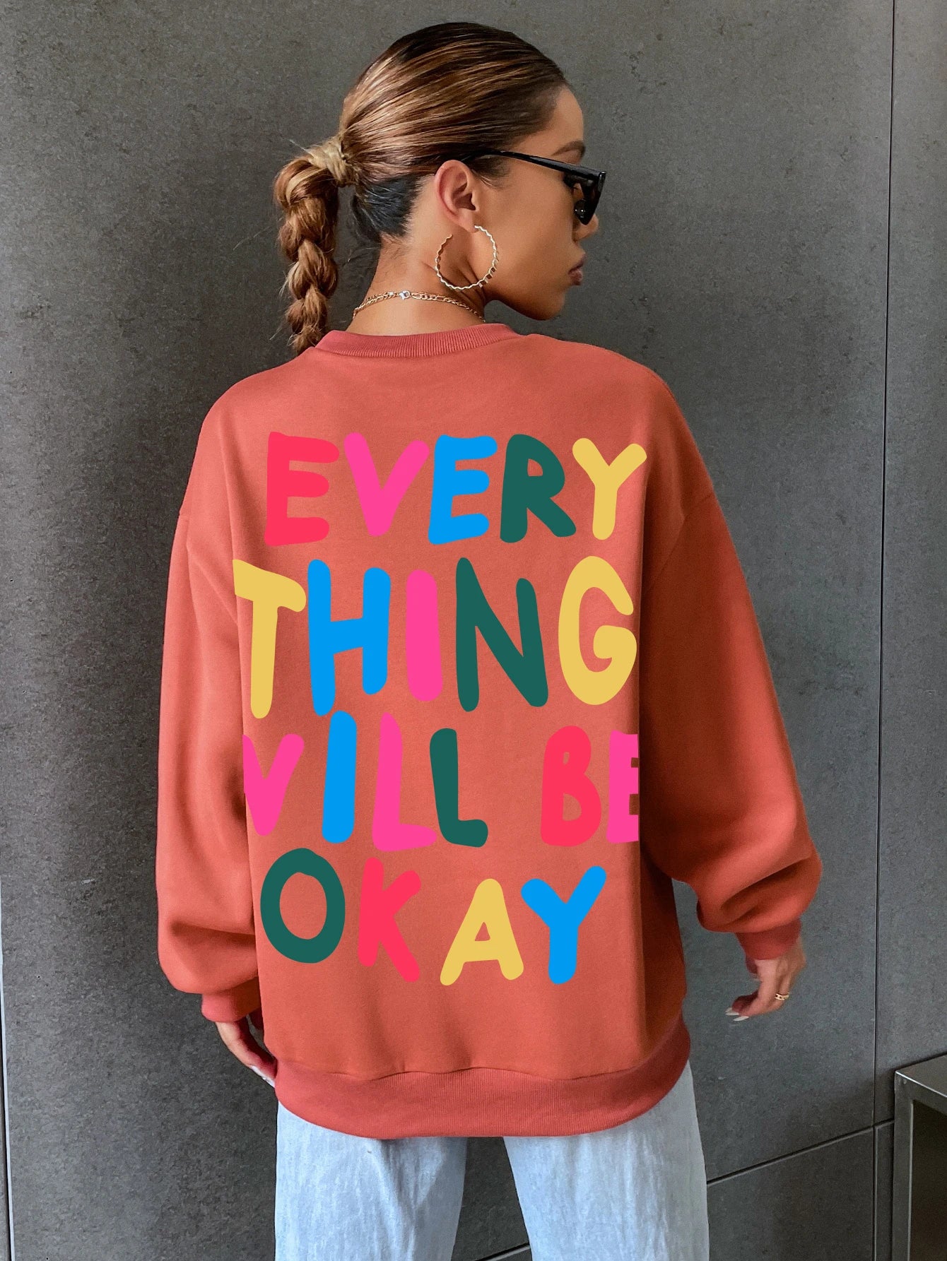 ’Everything Will Be Okay ’Letter Printed Drop-Shoulder Sweatshirt - Brick red / L