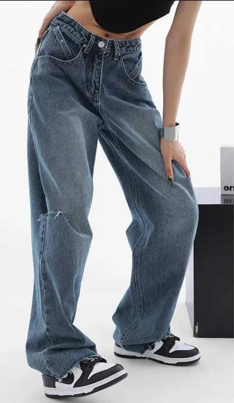 Blue Streetwear Style Straight Baggy Jeans