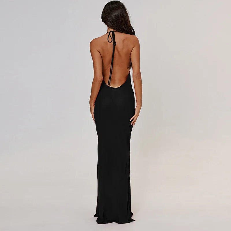 Elegant Halter Open Back Draped Maxi Dress