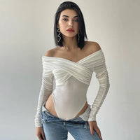 White Shirring Slash Neck Bodysuit