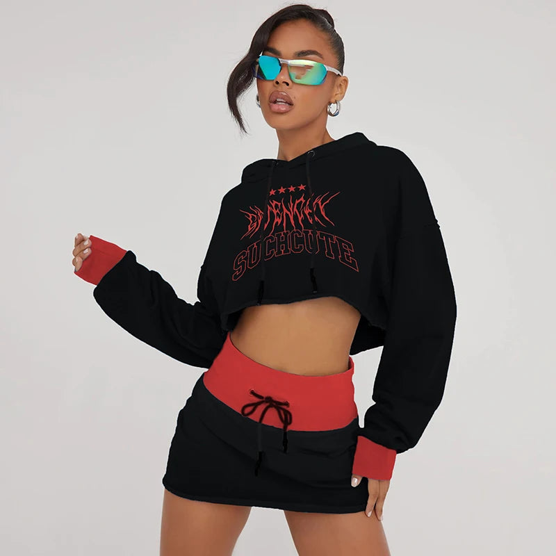 Gradient Printed Hooded Pullover Top With Drawstring Mini Skirt