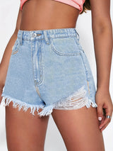 Blue Distressed High Waist Slim Fit Denim Shorts