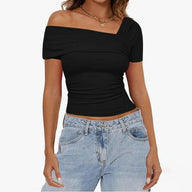 One-shoulder Shirring Short Sleeve Crop Top