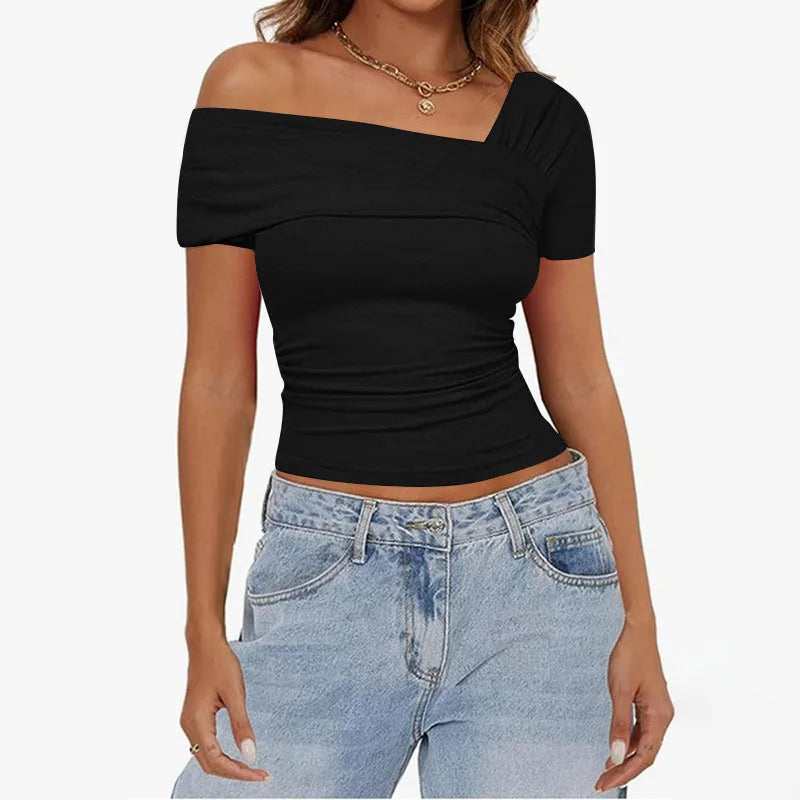 One-shoulder Shirring Short Sleeve Crop Top