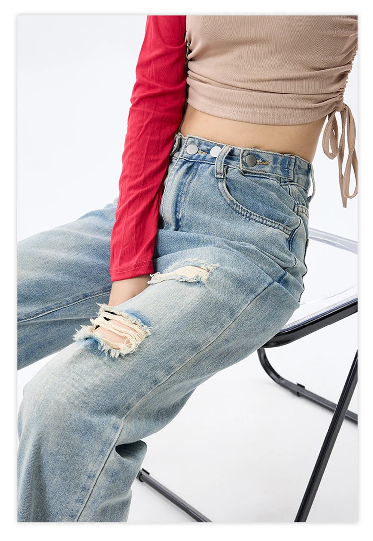 Hollow Out Blue Baggy Ripped Denim Jeans