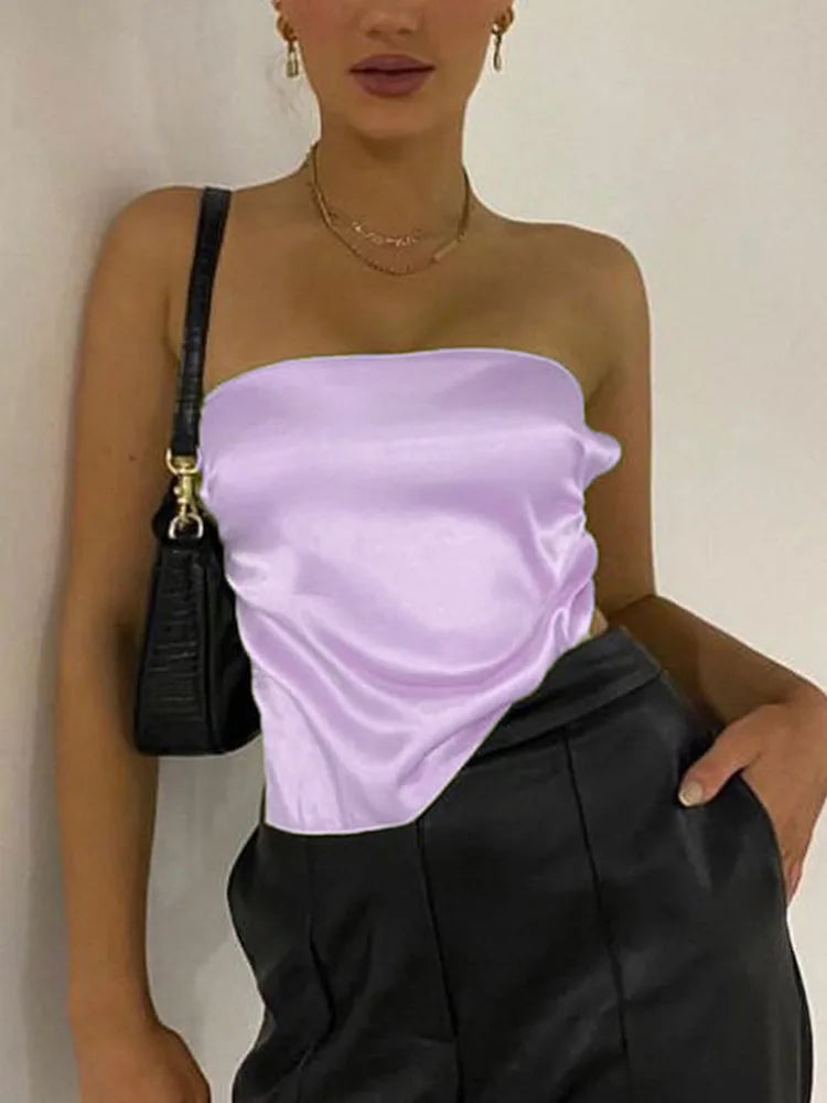 Backless Satin Off Shoulder Crop Top - Purple / S