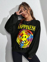 Happy Face Print Loose Sweatshirt