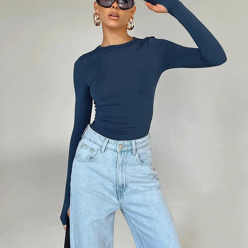 Long Sleeve Crew Neck Solid Slim Fit Crop Top - Blue / S