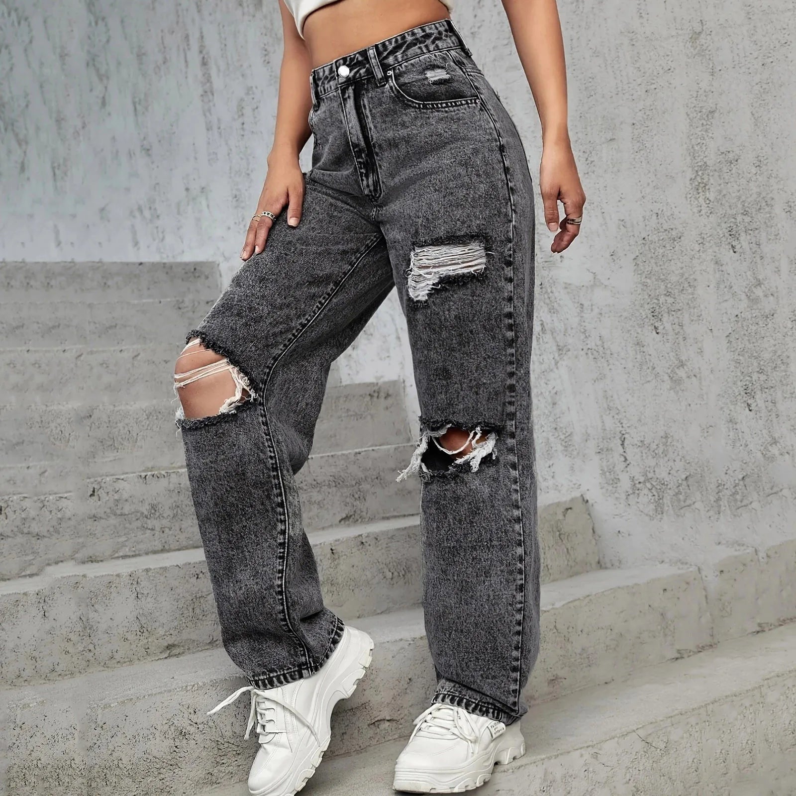 Oversized Straight Leg Baggy Denim Cargo Pants