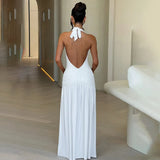 Halter Split Ruched Deep V Neck Maxi Dress