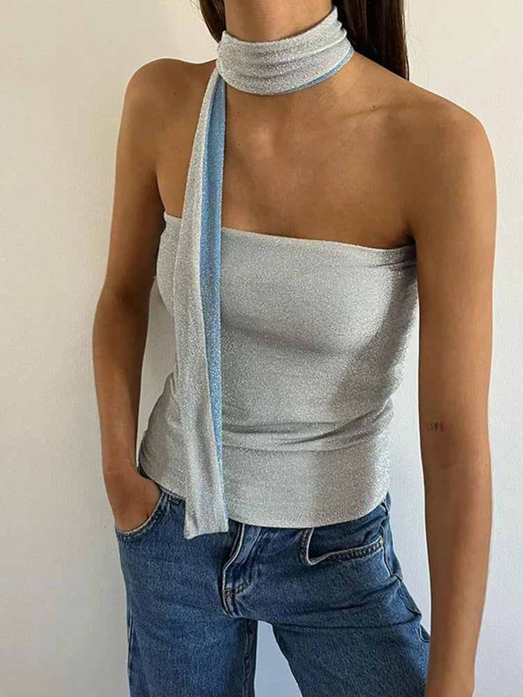 Blue Sleeveless Skinny Baring Crop Top