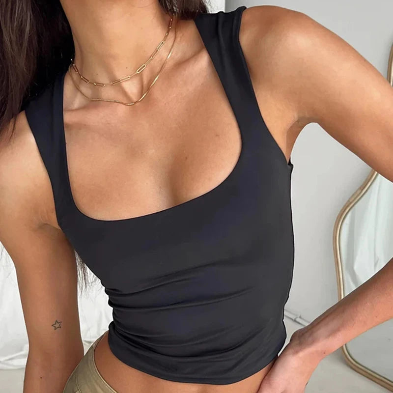 Black Square Collar Low-cut Tank Top