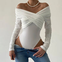 White Shirring Slash Neck Bodysuit