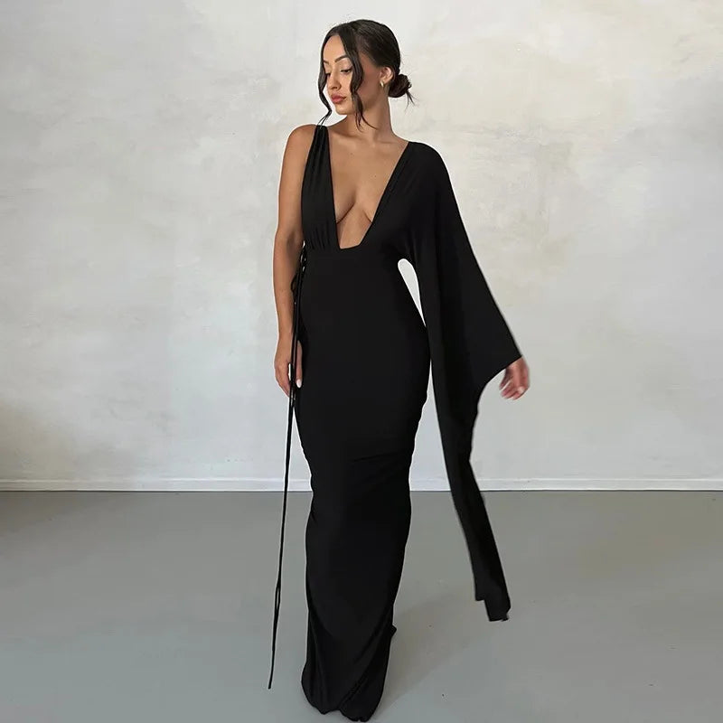 One Shoulder Ruched Backless Draped Maxi Dress