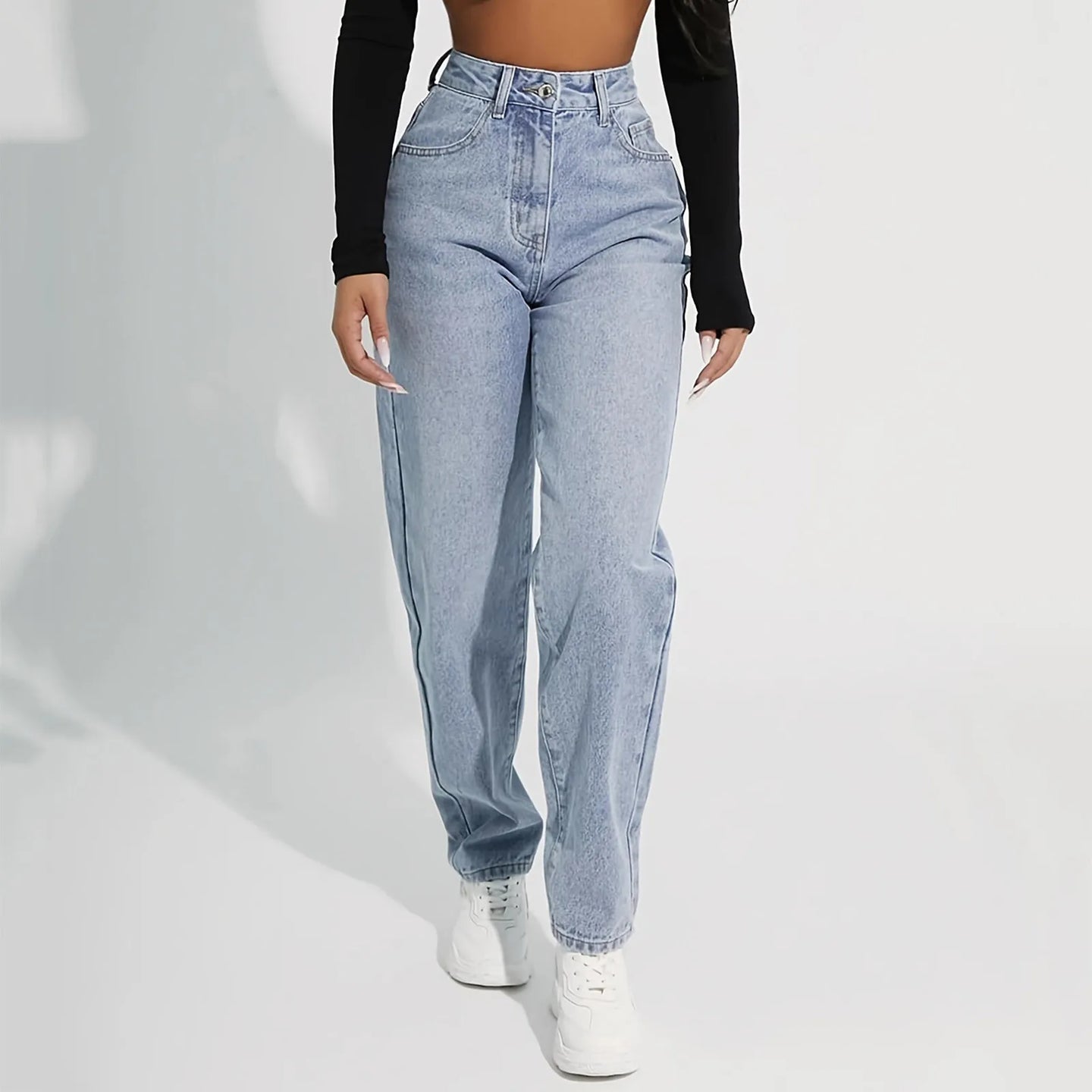 Light Blue Straight Wide Leg Denim Trousers