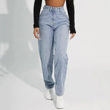 Light Blue Straight Wide Leg Denim Trousers