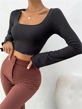 Long Sleeve Square Neck Pullover Crop Top - Black / S