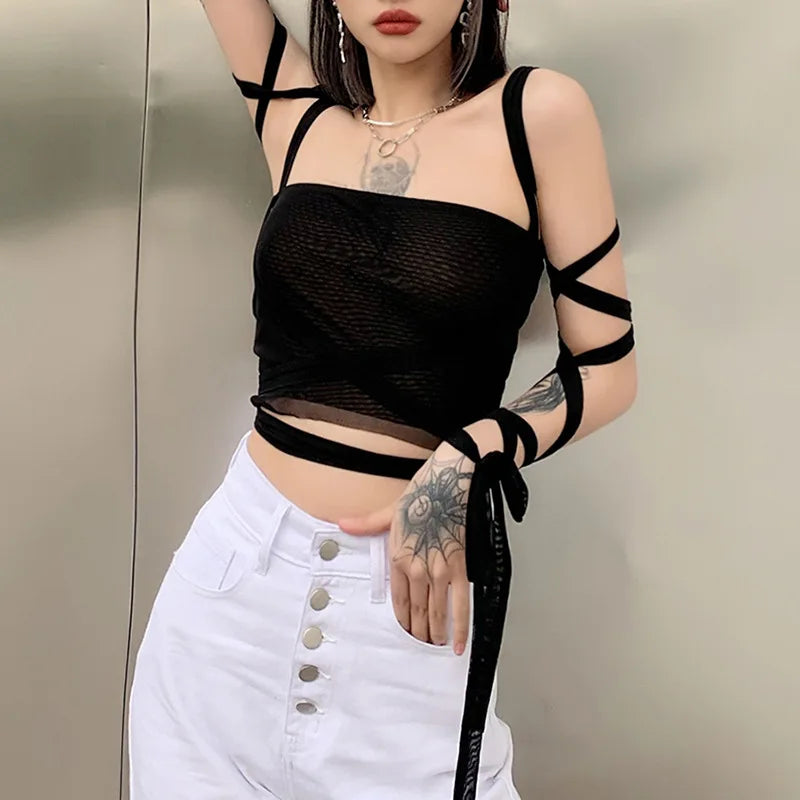 Black Mesh Lace Up Bandage Crop Top