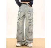 High Waist Light Blue Straight Cargo Pants