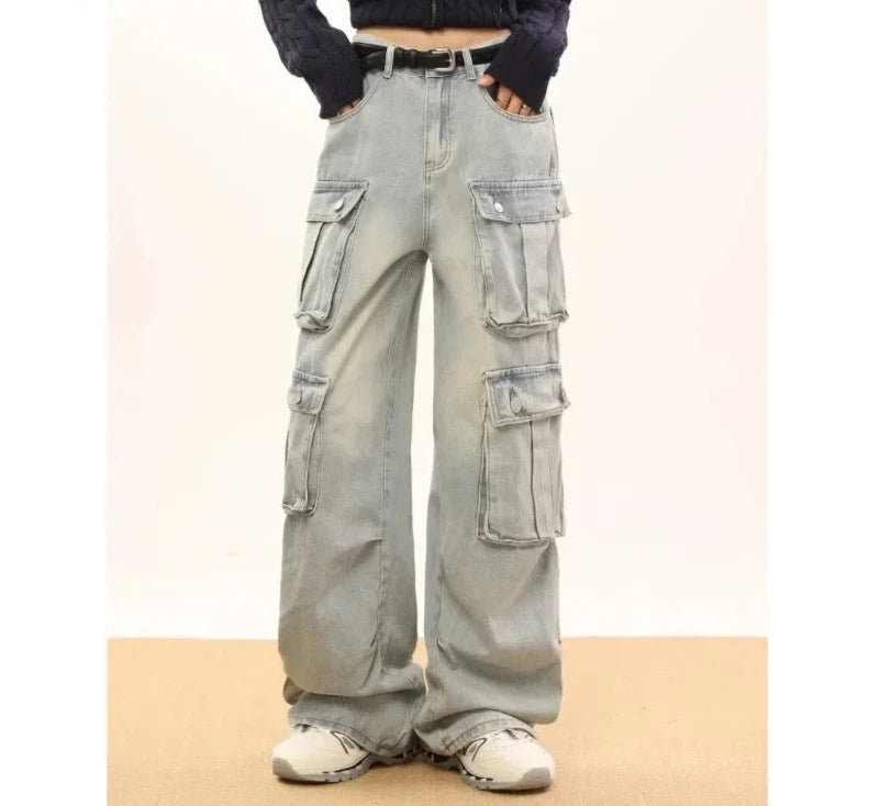 High Waist Light Blue Straight Cargo Pants