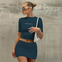 Short Sleeve O-neck Crop Top & Skirt Two-Piece - Blue / S