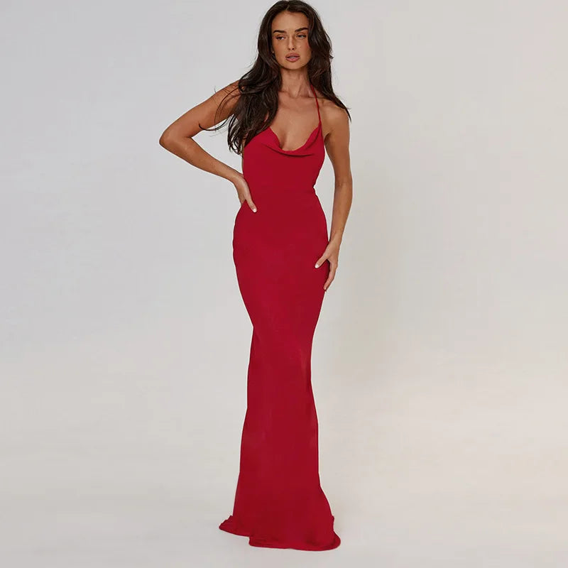 Elegant Halter Open Back Draped Maxi Dress