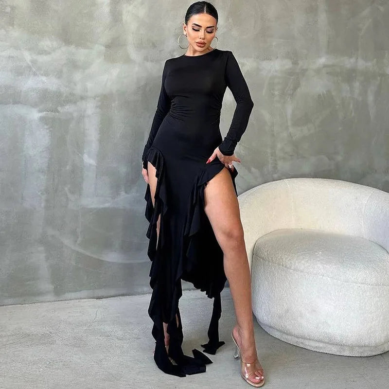 Long Sleeve Split Ruffle Maxi Dress