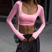 Pink Square Collar Long Sleeve Cut Out Crop Top