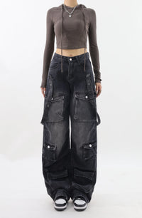 Black Baggy High Waist Straight Cargo Jeans