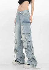 Light Blue Lace-up Wide Leg Baggy Denim Jeans