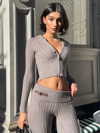 Long Sleeve Knitted Zipper Crop Hooded Sweater and Flare Pants Set