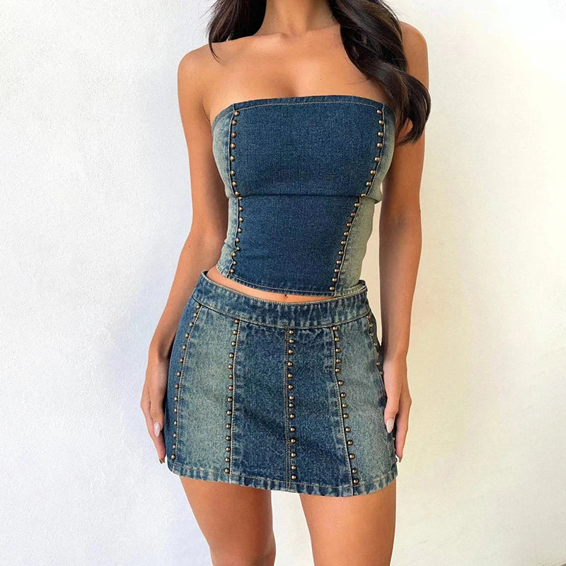 Off Shoulder Tank Top With High Waist Fashion Skirts Denim Set