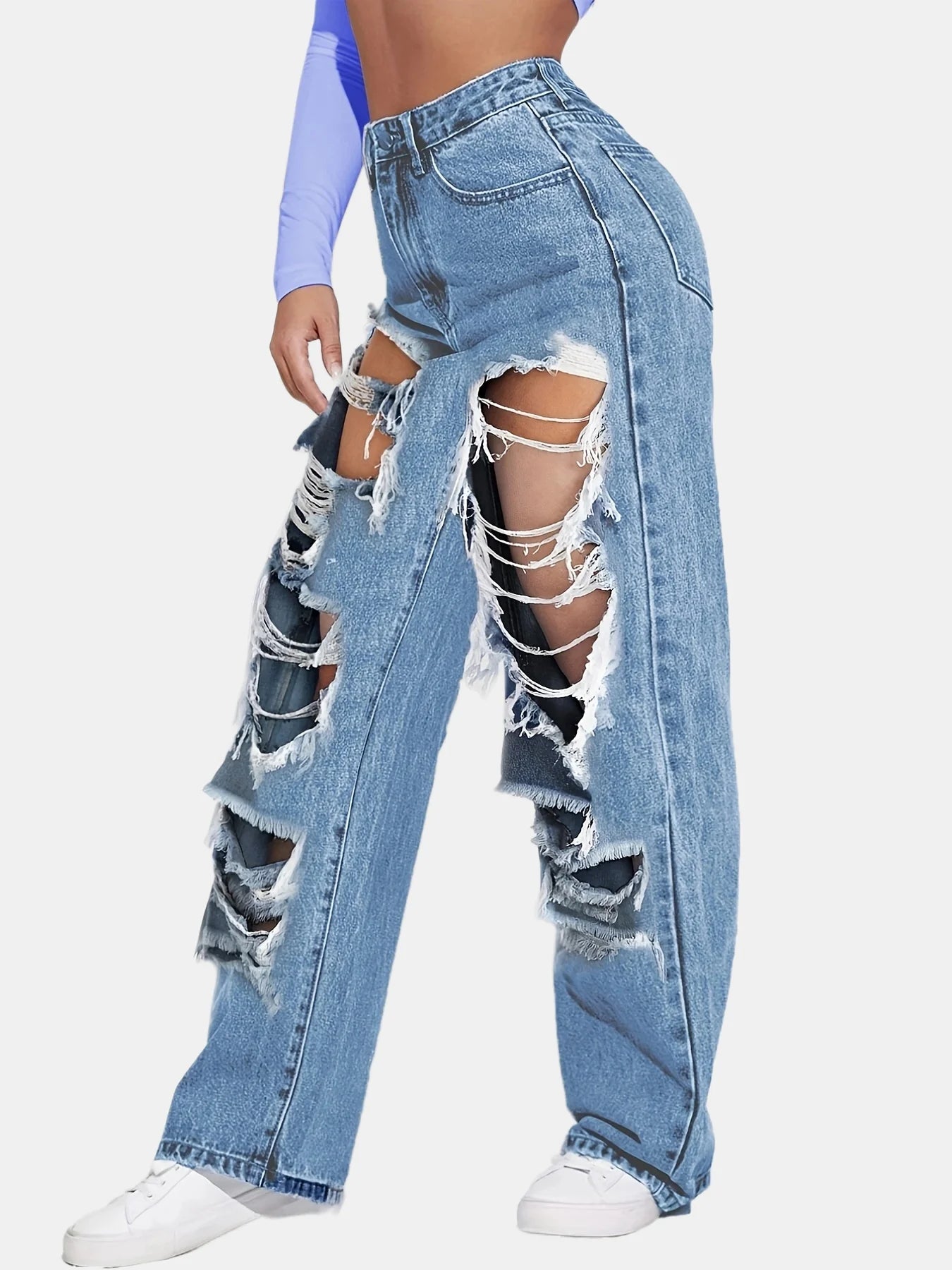 Distressed Loose Fit Straight Denim Jeans