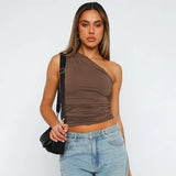 Sleeveless One Shoulder Backless Tank Top - Brown / S