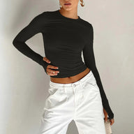 Long Sleeve Crew Neck Solid Slim Fit Crop Top - Black / S