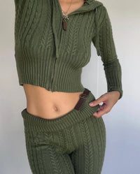 Long Sleeve Knitted Zipper Crop Hooded Sweater and Flare Pants Set - Green / S