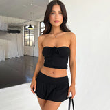 Lace-up Strapless Tank Tops & Shirring Mini Skirts