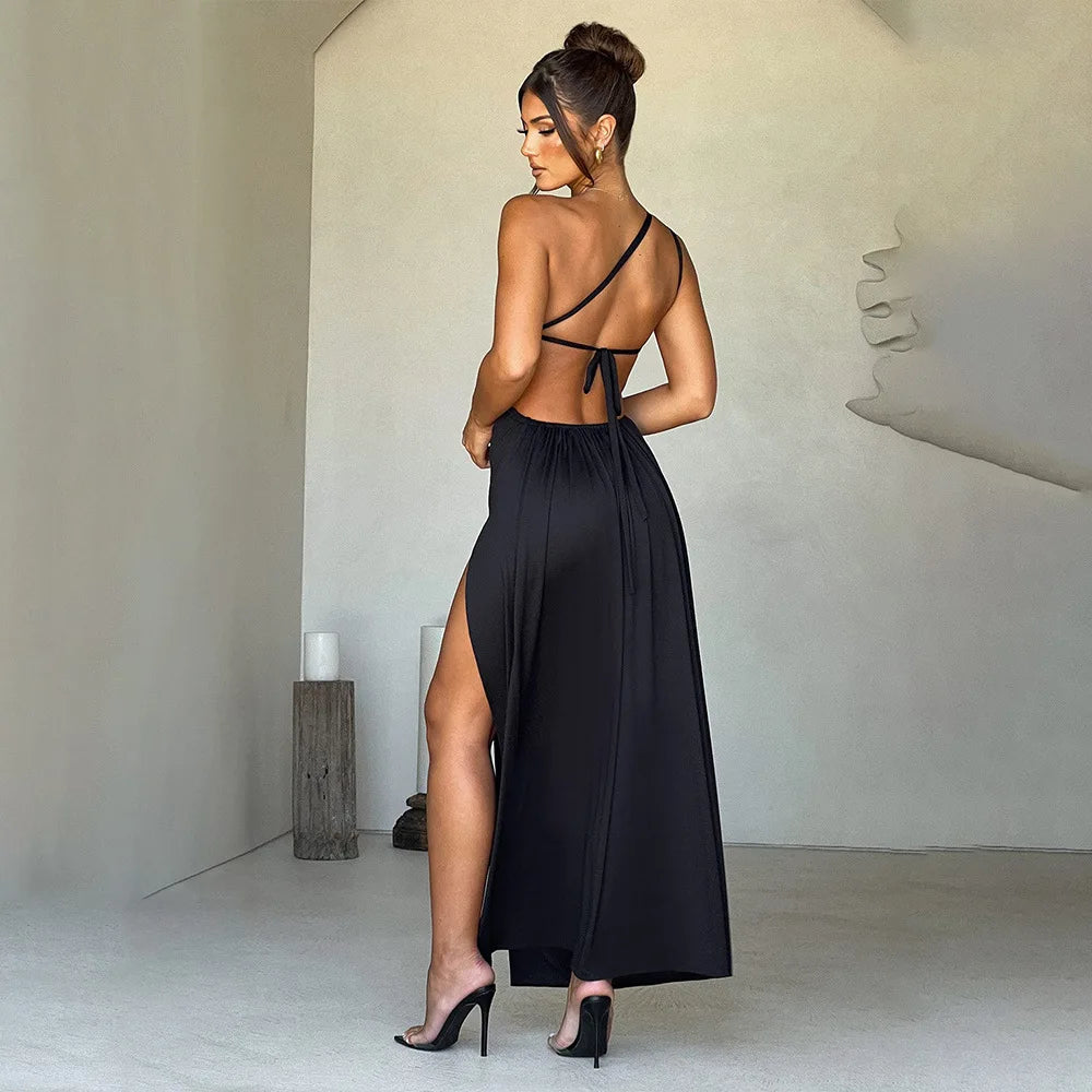 One Shoulder Ruched Backless Split Maxi Dress