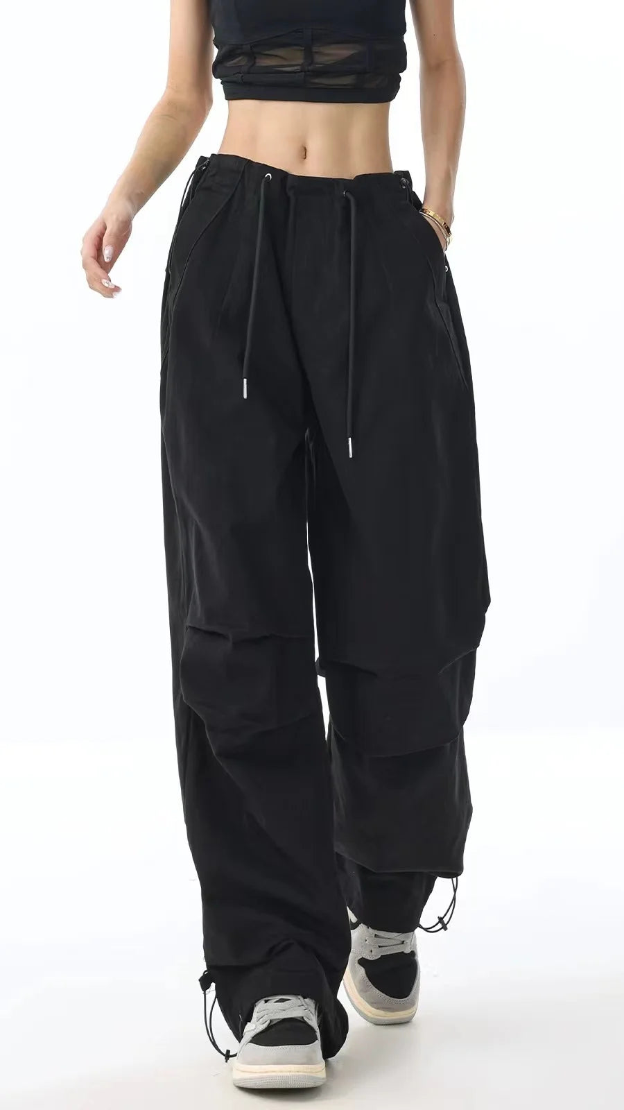 Black Drawstring Baggy Cargo Pants